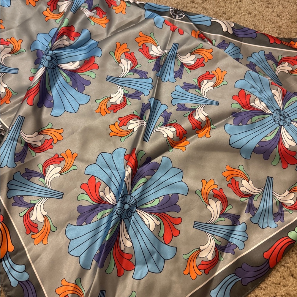 Floral Burst Satin Scarf in Light Blue, Orange & Purple